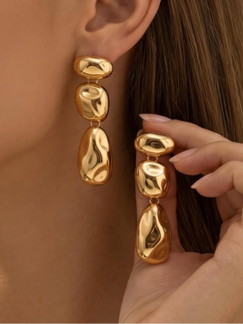 Anthropologie Shiny Gold Triple-Drop Pebble Earrings